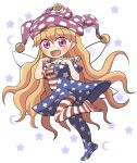  1girl american_flag_dress american_flag_legwear blonde_hair blush clownpiece crescent dress fairy fairy_wings fang full_body hair_between_eyes hat highres jester_cap long_hair open_mouth pantyhose pink_eyes pink_headwear polka_dot polka_dot_headwear rokugou_daisuke signature smile solo star_(symbol) striped striped_dress striped_pantyhose touhou white_background wings 