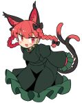  1girl :3 :d animal_ears bangs black_bow blush bow braid breasts cat_ears cropped_legs dress extra_ears green_dress hair_bow hair_ribbon highres ini_(inunabe00) kaenbyou_rin large_breasts leaning_forward long_sleeves looking_at_viewer multiple_tails nekomata red_eyes red_hair ribbon simple_background smile solo tail touhou tress_ribbon twin_braids two_tails white_background 