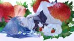  1girl bangs blue_eyes blue_hair bug butterfly cat dress flower food fruit full_body highres leaf long_hair looking_at_viewer lying on_back original oversized_food shirone_(coxo_ii) shoes solo strawberry white_background 