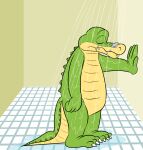  2021 alligator alligatorid anthro bathing biped brok_(character) brok_the_investigator crocodilian eyes_closed green_body hi_res jolly_the_lizard jollyville reptile sad scalie solo water wet 