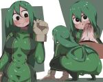  1boy 1girl :&gt; absurdres adjusting_hair all_fours ass asui_tsuyu black_eyes blush bodysuit boku_no_hero_academia breasts brown_gloves bulge bulge_to_face clenched_hand dutheg123 frog_girl gloves green_bodysuit green_hair hair_rings hand_up highres long_hair long_tongue looking_at_viewer looking_down looking_up low-tied_long_hair male_underwear multiple_views navel pov skin_tight smile squatting standing tongue underwear upper_body white_background white_male_underwear 