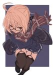  1girl artoria_pendragon_(fate) bangs black_footwear black_thighhighs blonde_hair blue_background boots braid breasts brown_eyes commentary_request crown_braid fate_(series) fu-ta glasses hair_between_eyes highres jacket legwear_garter looking_at_viewer medium_breasts open_clothes open_jacket panties parted_lips pleated_skirt red_scarf scarf semi-rimless_eyewear skirt solo thighhighs thighs underwear white_panties 