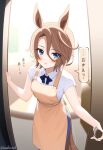  1girl animal_ears apron artist_name blue_eyes blurry brown_hair commentary doorway dot_nose eyelashes forehead hair_between_eyes hanafuda_(hanafuda0116) highres horse_ears horse_girl horse_tail looking_at_viewer narita_taishin_(umamusume) open_mouth opening_door outstretched_arm shadow shirt short_hair short_sleeves solo speech_bubble tail translation_request umamusume white_shirt yellow_apron 