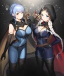  2girls absurdres ahoge bangs black_cape black_footwear black_gloves blue_bodysuit blue_eyes blue_hair bodysuit boots braid breasts cape capelet cleavage commission commissioner_upload crystal_earrings dhokidoki earrings fire_emblem fire_emblem:_three_houses fire_emblem_fates fire_emblem_heroes gloves grey_eyes highres hood hood_up hooded_cape jewelry large_breasts leather long_hair low_twin_braids marianne_von_edmund medium_breasts multiple_girls nina_(fire_emblem) non-web_source o-ring official_alternate_costume parted_bangs red_capelet simple_background skin_tight thigh_boots turtleneck twin_braids two-tone_bodysuit two-tone_cape white_hair yellow_cape 