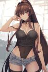  1girl bangs black_choker black_thighhighs breasts brown_eyes brown_hair choker cleavage closed_mouth collarbone crop_top denim denim_shorts hair_between_eyes hand_up high_ponytail highres kantai_collection kasumi_(skchkko) large_breasts long_hair looking_at_viewer midriff navel short_shorts shorts smile solo swimsuit swimsuit_under_clothes thighhighs yamato_(kancolle) 