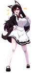  1girl :o absurdres alternate_costume animal_ear_fluff apron bangs black_dress black_footwear blush breasts brown_hair dress enmaided frilled_apron frills full_body highres holding holding_tray imaizumi_kagerou large_breasts long_hair long_sleeves looking_at_viewer maid maid_headdress neckerchief open_mouth red_eyes red_neckerchief simple_background sivamaron solo thighhighs touhou tray v-shaped_eyebrows white_apron white_background white_thighhighs zettai_ryouiki 