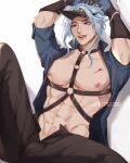  1boy abs archieloras black_pants blue_hair blue_shirt dottore_(genshin_impact) earrings forehead genshin_impact gloves hand_up highres jewelry male_focus mask muscular muscular_male nipples open_clothes open_shirt pants red_eyes shirt short_hair single_earring 