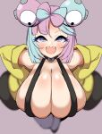  1girl alternate_breast_size bangs bare_shoulders blue_hair blunt_ends blurry blush breasts character_hair_ornament detritus from_above hair_ornament heart heart-shaped_pupils highres huge_breasts iono_(pokemon) long_sleeves looking_at_viewer open_mouth parted_bangs pink_hair pokemon pokemon_(game) pokemon_sv purple_eyes sharp_teeth shiny shiny_skin simple_background skindentation sleeves_past_fingers sleeves_past_wrists solo symbol-shaped_pupils teeth upper_teeth 