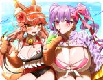  2girls animal_ear_fluff animal_ears animal_hands bell blush breasts cat_paws claw_(weapon) claws cleavage collar collarbone cup drill_hair drinking fang fate/extra fate/extra_ccc fate/grand_order fate_(series) flower fox_ears fox_girl fox_tail gigantic_breasts gloves hair_flower hair_ornament hair_ribbon heart highres huge_breasts jingle_bell koyuki_suzu large_breasts multiple_girls neck_bell ocean open_mouth outdoors passionlip_(fate) paw_gloves pink_hair purple_hair ribbon tail tamamo_(fate) tamamo_cat_(fate) visor_cap weapon 