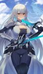  1girl armor bangs blue_eyes breast_tattoo breasts cleavage cleavage_cutout closed_mouth clothing_cutout cosplay doiparuni ethel_(xenoblade) grey_hair highres holding large_breasts long_hair looking_at_viewer mythra_(xenoblade) shoulder_armor simple_background solo sword tattoo upper_body very_long_hair weapon white_background xenoblade_chronicles_(series) xenoblade_chronicles_2 xenoblade_chronicles_3 