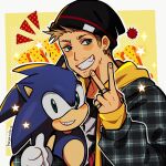  2boys absurdres artist_name beanie black_shirt blue_eyes border breaking_bad earrings furry furry_male green_eyes grin hat highres huyandere jesse_pinkman jewelry looking_at_viewer male_focus multiple_boys print_shirt ring shirt short_hair skull_print smile sonic_(series) sonic_the_hedgehog sparkle thumbs_up upper_body v white_border 