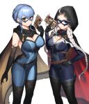  2girls absurdres ahoge bangs black_cape black_footwear black_gloves blue_bodysuit blue_eyes blue_hair bodysuit boots braid breasts cape capelet cleavage commission commissioner_upload crystal_earrings dhokidoki earrings eye_mask fire_emblem fire_emblem:_three_houses fire_emblem_fates fire_emblem_heroes gloves grey_eyes highres hood hood_up hooded_cape jewelry large_breasts leather long_hair low_twin_braids marianne_von_edmund medium_breasts multiple_girls nina_(fire_emblem) non-web_source o-ring official_alternate_costume parted_bangs red_capelet skin_tight thigh_boots transparent_background turtleneck twin_braids two-tone_bodysuit two-tone_cape white_hair yellow_cape 