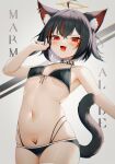  1girl :d absurdres ahoge animal_ear_fluff animal_ears background_text bare_arms bare_shoulders bikini black_bikini black_hair blush breasts cat_ears cat_girl cat_tail commentary_request covered_nipples fang grey_background halo hand_up hei_yksk highres looking_at_viewer multicolored_hair navel original red_eyes red_hair skindentation small_breasts smile solo streaked_hair sweat swimsuit tail 