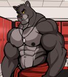  2022 abs absurd_res anthro barazoku biceps big_muscles big_pecs darknaigart dog_tags eyebrows felid fur hi_res huge_muscles inside locker_room male mammal muscular muscular_anthro muscular_male navel nipples obliques pantherine pecs smile solo standing towel towel_only tuft 