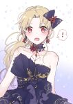  ! 1girl alternate_costume alternate_hairstyle aruti bangs bare_shoulders black_bow black_collar black_dress blonde_hair blush bow butterfly_earrings collar corset dress earrings ereshkigal_(fate) fate/grand_order fate_(series) flower frilled_collar frills gala_dress gold_trim hair_bow hair_flower hair_ornament hair_ribbon hoop_earrings jewelry long_hair necklace open_mouth parted_bangs ponytail red_eyes ribbon simple_background sleeveless sleeveless_dress solo sparkle spoken_exclamation_mark 