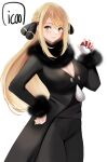  1girl atelier_(series) atelier_ryza atelier_ryza_2 black_coat black_shirt blonde_hair blush breasts cleavage coat cosplay cynthia_(pokemon) cynthia_(pokemon)_(cosplay) fur-trimmed_coat fur_collar fur_trim green_eyes hair_ornament highres icoo klaudia_valentz large_breasts long_hair long_sleeves looking_at_viewer poke_ball pokemon pokemon_(game) pokemon_dppt shirt solo v-neck very_long_hair 