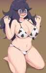 1girl @_@ ahoge alternate_breast_size animal_print bangs bikini blush breasts brown_background cleavage commentary_request cow_print gradient gradient_background hair_between_eyes hairband hex_maniac_(pokemon) highres kneeling large_breasts long_hair messy_hair midriff nail_polish navel open_mouth pokemon pokemon_(game) pokemon_xy print_bikini purple_eyes purple_hair purple_hairband purple_nails solo sweat swimsuit very_long_hair yatani_(do9z) 
