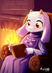  2020 anthro armchair artist_name book boss_monster bovid caprine chair clothing dated digital_media_(artwork) dress eyewear female fire fireplace furniture glasses hi_res horn inside lunesnowtail mammal purple_clothing purple_dress red_eyes shaded sitting solo toriel undertale undertale_(series) video_games 