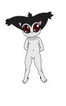  absurd_res anthro black_body black_fur black_sclera ear_tuft espurrito felid feline female flat_chested front_pussy front_view fur genitals hi_res looking_up mammal navel nude pussy red_eyes simple_background solo standing tuft white_body young 