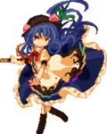  black_headwear blue_hair bow bowtie closed_mouth food fruit full_body hinanawi_tenshi holding holding_sword holding_weapon leaf long_hair looking_at_viewer peach pixel_art red_bow red_bowtie red_eyes rrrssr shirt short_sleeves smile sword sword_of_hisou touhou transparent_background weapon white_shirt 