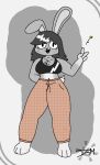  anthro chest_tuft clothed clothing dimsun female freckles gesture lagomorph leporid mammal navel rabbit scut_tail short_tail simple_background solo tuft v_sign 