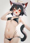  1girl :d absurdres ahoge animal_ear_fluff animal_ears bare_arms bare_shoulders bikini black_bikini black_hair blush breasts cat_ears cat_girl cat_tail covered_nipples fang grey_background halo hand_up hei_yksk highres looking_at_viewer multicolored_hair navel original red_eyes red_hair simple_background skindentation small_breasts smile solo streaked_hair sweat swimsuit tail 