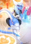  anthro anus blue_body clothed clothing dragonair female generation_1_pokemon genitals hi_res holding_object looking_at_viewer maid_uniform nintendo no_underwear one_eye_closed pokemon pokemon_(species) pokemorph pussy solo son237 uniform video_games 