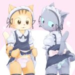  &lt;3 1:1 anthro black_eyes black_nose blep blue_sclera blush blush_lines bodily_fluids bottomwear bow_panties bow_ribbon bulge butt cheek_tuft clothed clothing clothing_lift crossdressing domestic_cat dress dress_lift duo ear_tuft facial_tuft felid feline felis frilly frilly_clothing frilly_panties frilly_underwear front_view fur girly grey_body grey_fur head_tuft inner_ear_fluff kuehiko_roshihara maid_headdress maid_uniform male male/male mammal markings orange_body orange_fur panties pattern_bottomwear pattern_clothing pattern_panties pattern_underwear pink_background pink_clothing pink_panties pink_underwear platter_(pixiv) rear_view simple_background standing striped_bottomwear striped_clothing striped_markings striped_panties striped_tail striped_underwear stripes sweat sweatdrop tail_markings tapio_chatarozawa tongue tongue_out tuft underwear uniform whiskers white_background working_buddies! wristband yellow_sclera 