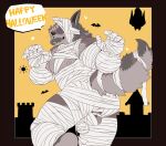  anthro balls blush canid canine clawlion clothing genitals halloween halloween_costume happy hi_res holidays male mammal mummy_costume nipples open_mouth penis solo wardrobe_malfunction 