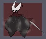  anthro arthropod big_butt black_body blush bodily_fluids bottomless butt cloak clothed clothing cross-popping_vein empty_eyes female hi_res hollow_knight hornet_(hollow_knight) huge_butt huge_hips huge_thighs looking_at_viewer looking_back musk nail_(weapon) solo sweat sweaty_butt team_cherry thick_thighs video_games wide_hips xytora 