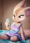  2019 aggressive_retsuko anthro bed biped canid canine cellphone clothing dated digital_media_(artwork) dress eyelashes female fennec fenneko fox furniture hi_res holding_cellphone holding_object holding_phone holding_smartphone kneeling lunesnowtail mammal on_bed pattern_clothing pattern_dress phone red_eyes sanrio shaded smartphone solo striped_clothing striped_dress stripes 