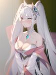  1girl ai-generated bangs bare_shoulders blue_eyes blush breasts chinese_commentary cleavage closed_mouth commentary_request dress hair_between_eyes hair_intakes hair_ornament haruka_poi highres large_breasts long_hair long_sleeves looking_away original solo strapless strapless_dress twintails very_long_hair white_dress white_hair wide_sleeves 