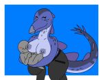  ambiguous_gender anthro beak big_breasts black_bottomwear black_clothing black_pants blue_body blue_scales blue_skin blush bottomwear breasts clothed clothing cradle_position cradling digital_media_(artwork) digitigrade dinosaur duo female kim(specimenzach) nipples non-mammal_breasts ornithischian pants plates reptile scales scalie sex simple_background size_difference smile specimenzach spiked_tail spikes spikes_(anatomy) stegosaurian stegosaurus thagomizer thyreophoran topless 