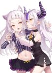  2girls animal_ear_fluff animal_ears bangs bare_shoulders black_dress black_skirt blush cat_ears cowboy_shot demon_horns detached_sleeves dress extra_ears frilled_skirt frills grey_hair hair_between_eyes hand_on_another&#039;s_cheek hand_on_another&#039;s_face highres hololive horns la+_darknesss long_hair long_sleeves looking_at_another midriff mitsuru_(pixiv_34028718) multiple_girls murasaki_shion navel open_mouth parted_lips purple_hair shirt simple_background skirt striped striped_shirt sweat vertical-striped_shirt vertical_stripes very_long_hair virtual_youtuber white_background yellow_eyes yuri 