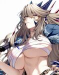  1girl artoria_pendragon_(fate) artoria_pendragon_(lancer_alter)_(fate) bangs belt blonde_hair breasts cleavage cluseller collared_shirt commission fate/grand_order fate_(series) hair_between_eyes horns jewelry large_breasts long_hair looking_at_viewer necklace sarashi shirt skeb_commission solo weapon white_background 