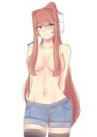  1girl absurdres alternate_costume arms_behind_back artist_name bangs black_thighhighs blush breasts brown_hair commentary cowboy_shot doki_doki_literature_club english_commentary green_eyes groin hair_censor hair_over_breasts hair_ribbon highres large_breasts long_hair looking_at_viewer monika_(doki_doki_literature_club) navel ponytail raion_(raionart) ribbon short_shorts shorts sidelocks simple_background smile solo thighhighs topless very_long_hair white_background white_ribbon 