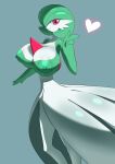  &lt;3 3_fingers areola big_areola big_breasts black_pupils breasts cheek_tuft chest_spike cleavage closed_smile clothed clothing collarbone dress facial_tuft female fingers gardevoir generation_3_pokemon gesture glistening glistening_breasts glistening_eyes glistening_hair green_body green_hair green_skin grey_background hair hi_res humanoid ika_daishougun mouth_closed multicolored_body multicolored_skin nintendo nipple_outline nipples noseless pokemon pokemon_(species) pseudo_clothing pupils red_eyes red_spikes short_hair simple_background small_waist smile solo spikes spikes_(anatomy) standing tuft two_tone_body two_tone_skin v_sign video_games white_areola white_body white_clothing white_dress white_nipples white_skin 
