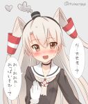  1girl amatsukaze_(kancolle) brown_dress brown_eyes dress gloves grey_background grey_hair grey_neckerchief hair_tubes kantai_collection kujira_naoto lifebuoy_ornament long_hair looking_at_viewer neckerchief sailor_collar sailor_dress short_dress simple_background single_glove smokestack_hair_ornament solo translation_request twitter_username two_side_up upper_body white_gloves white_sailor_collar 