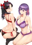  2girls ass black_bra black_hair black_panties black_thighhighs bra breasts fate/stay_night fate_(series) green_eyes hair_ribbon highres large_breasts matou_sakura multiple_girls panties purple_bra purple_eyes purple_hair purple_panties red_ribbon ribbon shiny shiny_hair siblings side-tie_panties thighhighs tohsaka_rin twintails underwear zucchini 