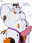  3:4 anthro armpit_hair barazoku belly blush body_hair calico_cat canid canine canis casual_nudity clothing dialogue domestic_cat domestic_dog duo felid feline felis genitals hand_behind_head hand_on_stomach hi_res jockstrap male mammal mikeowolee mottled muscular pecs penis piebald reid_the_cat shocked shocked_expression spiked_penis spikes spikes_(anatomy) thick_penis thick_thighs torn_clothing underwear 