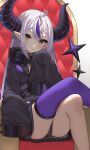  1girl absurdres ahoge braid chain closed_mouth collar crossed_legs demon_girl demon_horns feet_out_of_frame grey_hair hand_up head_rest highres hololive honeyhoppin horns la+_darknesss long_hair long_sleeves looking_at_viewer metal_collar multicolored_hair pointy_ears purple_hair purple_thighhighs sidelocks single_thighhigh sitting sleeves_past_fingers sleeves_past_wrists solo streaked_hair striped_horns thighhighs thighs very_long_hair virtual_youtuber wide_sleeves yellow_eyes 
