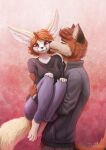  anthro barefoot blush bottomwear breasts brown_body brown_fur canid canine claws clothed clothing daniel_tibana duo embrace eyes_closed feet female fennec fox fur hair holding_another jacket kissing_cheek looking_at_viewer male male/female mammal orange_body orange_fur orange_hair pants paws red_eyes shirt short_hair simple_background smile teeth topwear white_body white_fur yellow_body yellow_fur 