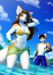  anthro ball bikini blue_eyes bracelet breasts brown_hair canid canine clothed clothing cloud daniel_tibana duo female fox fur green_eyes hair hand_in_hair hi_res holding_ball holding_object jewelry light long_hair looking_at_another looking_at_viewer male mammal navel orange_body orange_fur outside short_hair sky smile standing sunlight swimming_trunks swimwear teeth topless topless_male touching_hair volleyball_(ball) water white_body white_fur 