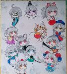  1boy 6+girls ahoge animal animal_ears black-framed_eyewear black_hairband black_headwear black_ribbon blue_eyes blue_headwear blue_ribbon blush bow braid cat_ears cat_tail closed_eyes closed_mouth cross earrings fang fujiwara_no_mokou glasses goutokuji_mike green_bow grey_hair hair_between_eyes hair_bow hair_ribbon hairband hat highres horn_ornament horn_ribbon horns inubashiri_momiji izayoi_sakuya jewelry kibou_(73433) kishin_sagume konpaku_youmu konpaku_youmu_(ghost) long_hair maid maid_headdress mononobe_no_futo morichika_rinnosuke mouse mouse_ears mouse_tail multicolored_hair multiple_girls nazrin nurse_cap open_mouth pointy_ears ponytail purple_eyes red_cross red_eyes red_headwear red_horns ribbon sakata_nemuno semi-rimless_eyewear sheep_horns shikishi short_hair smile streaked_hair tail tate_eboshi tokin_hat touhou toutetsu_yuuma traditional_media twin_braids under-rim_eyewear white_bow white_hair wolf_ears wolf_tail yagokoro_eirin yellow_eyes 