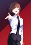  1girl arm_up bangs braid braided_ponytail breasts chainsaw_man eyebrows_hidden_by_hair finger_gun formal highres long_hair looking_at_viewer moegi0926 necktie open_mouth pants ponytail red_background red_eyes red_hair simple_background smile solo suit 