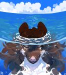  absurd_res anthro blue_sky brown_body brown_fur brown_hair bubble bust_portrait cloud corzh77 eyes_closed female front_view fur hair hi_res nude outside partially_submerged pink_nose portrait sky solo species_request unsigned water white_body white_fur 