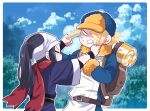  1boy 1girl akari_(pokemon) bag blonde_hair blue_hair clenched_teeth closed_eyes cloud cloudy_sky commentary_request crying grabbing_another&#039;s_hair hat highres long_hair outdoors pokemon pokemon_(game) pokemon_legends:_arceus ponytail scarf short_hair sky somehideyosi sweat teeth tree volo_(pokemon) 