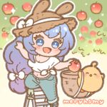  1girl :d absurdly_long_hair animal_ears apple artist_name azur_lane bangs basket bird blue_eyes blue_hair blush_stickers breasts casual chibi chick cleavage commentary_request crop_top denim fake_animal_ears food fruit full_body hat holding holding_food holding_fruit hoshimiya_mery jeans ladder large_breasts long_hair looking_at_another manjuu_(azur_lane) midriff navel new_jersey_(azur_lane) open_mouth pants picking_fruit rabbit_ears shirt short_sleeves sidelocks smile straw_hat tied_shirt very_long_hair white_shirt 
