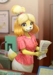  accessory animal_crossing anthro beverage black_eyes blonde_hair bottomwear breasts buckteeth canid canine canis clock clothing daniel_tibana desk document domestic_dog door female folder fur furniture hair hair_accessory hairband hi_res holding_object inside isabelle_(animal_crossing) looking_at_viewer mammal microphone nintendo office open_mouth paper shirt short_hair skirt smile solo standing table teeth tied_hair topwear video_games whiteboard yellow_body yellow_fur 