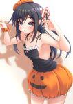  1girl absurdres asashio_(kancolle) black_camisole black_hair blue_eyes bow breasts camisole commentary_request cosplay cowboy_shot halloween_costume highres jack-o&#039;-lantern kantai_collection libeccio_(kancolle) libeccio_(kancolle)_(cosplay) long_hair makura_(y_makura) orange_headwear orange_scrunchie orange_skirt scrunchie sideboob skirt small_breasts solo striped striped_bow wrist_scrunchie 